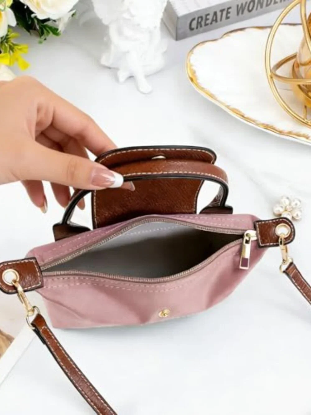 Mini Crossbody Bag for Women - Quilted Nylon PU Leather Handbag with Adjustable